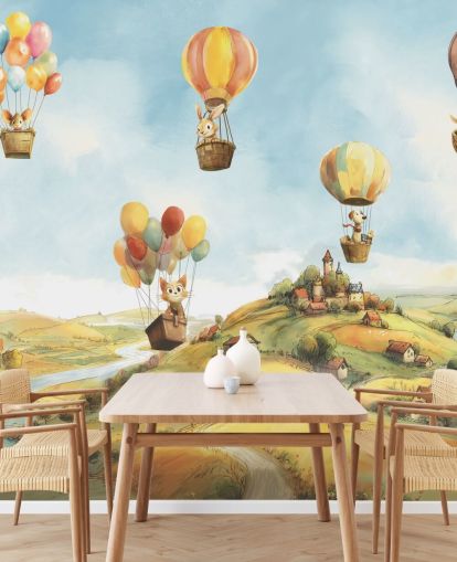 blue, green and orange kids hot air balloon wall mural called Air by Elena Pavlova for nurseries blue, green and orange kids hot air balloon wall mural called Air by Elena Pavlova for nurseries