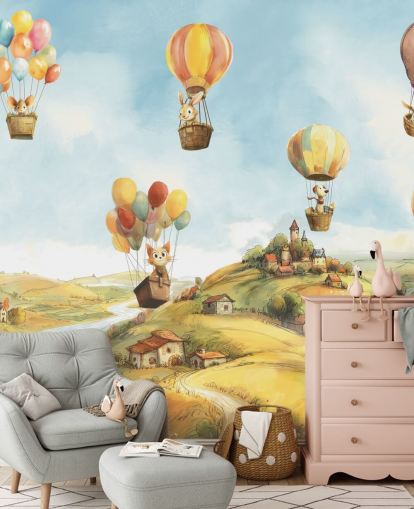 murale con mongolfiera blu, verde e arancione per bambini chiamato Air di Elena Pavlova per asili nido