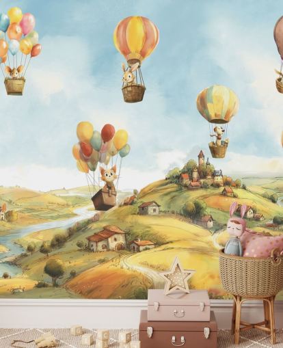 blå, grön och orange barnväggmålning för varmluftsballong som heter Air av Elena Pavlova för plantskolor blå, grön och orange barnväggmålning för varmluftsballong som heter Air av Elena Pavlova för plantskolor