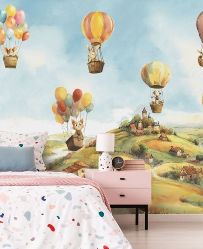 blauwe, groene en oranje heteluchtballon muurschildering voor kinderen genaamd Air van Elena Pavlova voor kinderdagverblijven