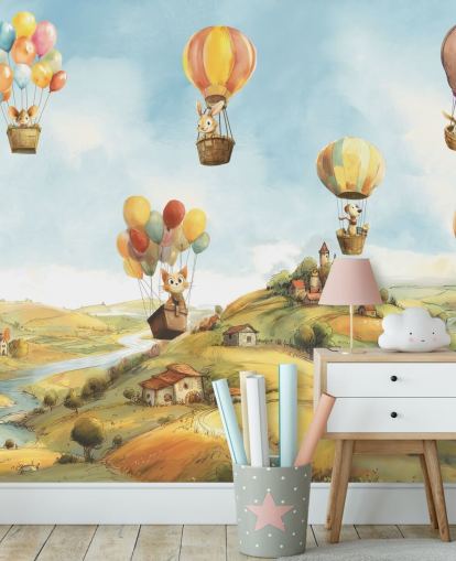 mural de pared en globo aerostático para niños azul, verde y naranja llamado Air de Elena Pavlova para guarderías