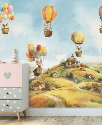 murale con mongolfiera blu, verde e arancione per bambini chiamato Air di Elena Pavlova per asili nido