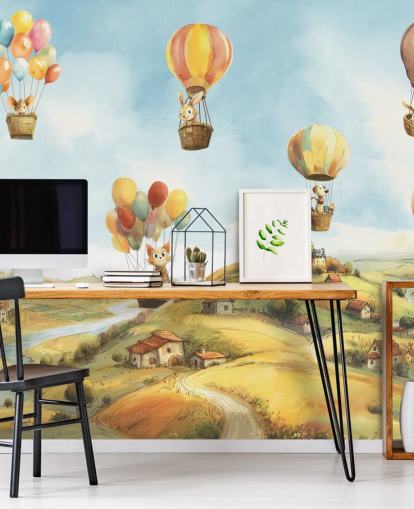 blauwe, groene en oranje heteluchtballon muurschildering voor kinderen genaamd Air van Elena Pavlova voor kinderdagverblijven