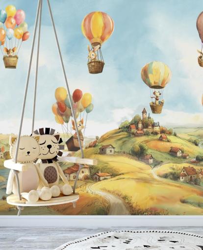 fresque murale de montgolfière pour enfants bleue, verte et orange appelée Air par Elena Pavlova pour les crèches
