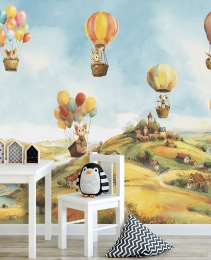 Blaues, grünes und orangefarbenes Heißluftballon-Wandbild für Kinder namens Air von Elena Pavlova für Kindergärten