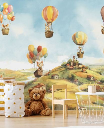 mural de parede de balão de ar quente para crianças azul, verde e laranja chamado Air, de Elena Pavlova, para creches