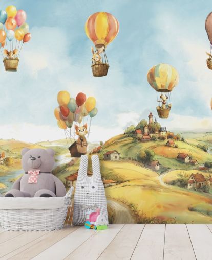 blå, grøn og orange børneluftballon vægmaleri kaldet Air af Elena Pavlova til børnehaver