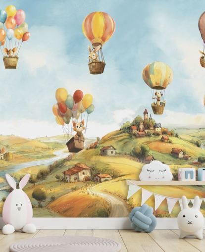 blauwe, groene en oranje heteluchtballon muurschildering voor kinderen genaamd Air van Elena Pavlova voor kinderdagverblijven