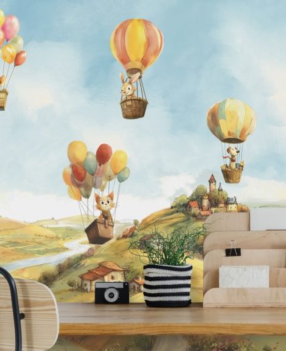 blå, grön och orange barnväggmålning för varmluftsballong som heter Air av Elena Pavlova för plantskolor