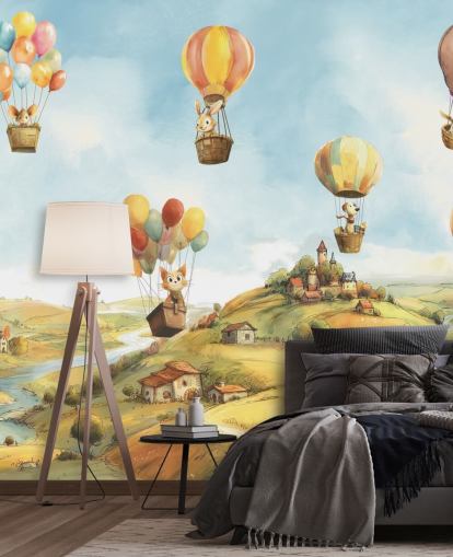 blauwe, groene en oranje heteluchtballon muurschildering voor kinderen genaamd Air van Elena Pavlova voor kinderdagverblijven