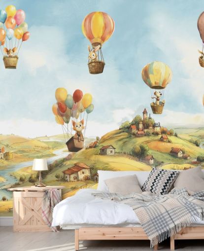 Blaues, grünes und orangefarbenes Heißluftballon-Wandbild für Kinder namens Air von Elena Pavlova für Kindergärten Blaues, grünes und orangefarbenes Heißluftballon-Wandbild für Kinder namens Air von Elena Pavlova für Kindergärten