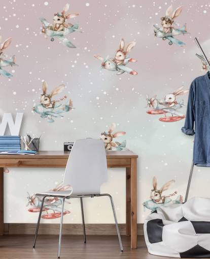 murale con coniglietto per bambini rosa e grigio personalizzabile chiamato Bunny Aviators di Elena Pavlova per asili nido