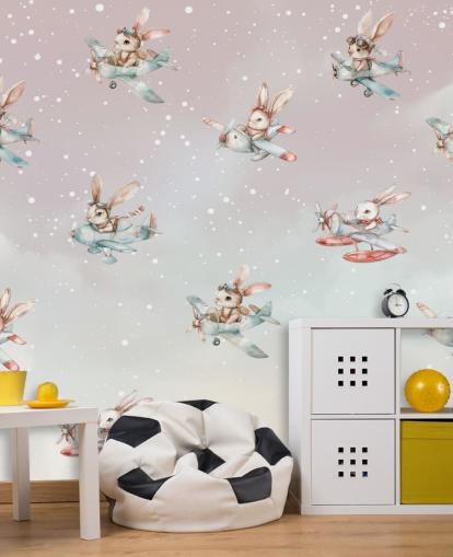 Personalisierbares Hasenwandbild Bunny Aviators für Kinder in Rosa und Grau von Elena Pavlova für Kindergärten