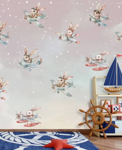 roze en grijze aanpasbare konijnenmuurschildering voor kinderen genaamd Bunny Aviators van Elena Pavlova voor kinderdagverblijven roze en grijze aanpasbare konijnenmuurschildering voor kinderen genaamd Bunny Aviators van Elena Pavlova voor kinderdagverblijven