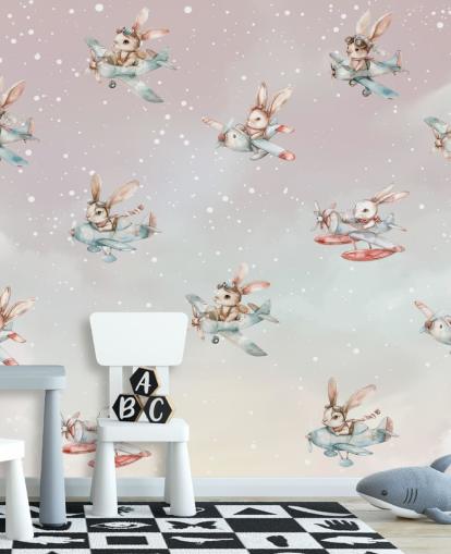 murale con coniglietto per bambini rosa e grigio personalizzabile chiamato Bunny Aviators di Elena Pavlova per asili nido