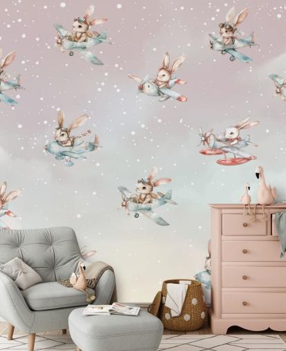 pink and gray customizable kids bunny mural called Bunny Aviators by Elena Pavlova for nurseries
