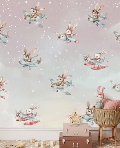 roze en grijze aanpasbare konijnenmuurschildering voor kinderen genaamd Bunny Aviators van Elena Pavlova voor kinderdagverblijven