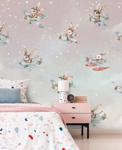 mural de coelhinho infantil personalizável rosa e cinza chamado Bunny Aviators de Elena Pavlova para creches mural de coelhinho infantil personalizável rosa e cinza chamado Bunny Aviators de Elena Pavlova para creches