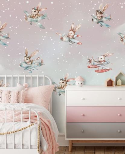 roze en grijze aanpasbare konijnenmuurschildering voor kinderen genaamd Bunny Aviators van Elena Pavlova voor kinderdagverblijven roze en grijze aanpasbare konijnenmuurschildering voor kinderen genaamd Bunny Aviators van Elena Pavlova voor kinderdagverblijven