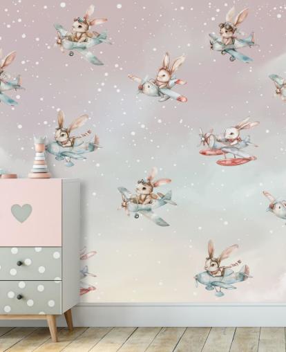 peinture murale de lapin pour enfants personnalisable rose et gris appelée Bunny Aviators par Elena Pavlova pour les crèches