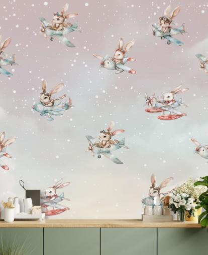 roze en grijze aanpasbare konijnenmuurschildering voor kinderen genaamd Bunny Aviators van Elena Pavlova voor kinderdagverblijven