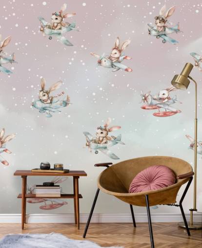 pink and grey customisable kids bunny mural called Bunny Aviators by Elena Pavlova for nurseries pink and grey customisable kids bunny mural called Bunny Aviators by Elena Pavlova for nurseries
