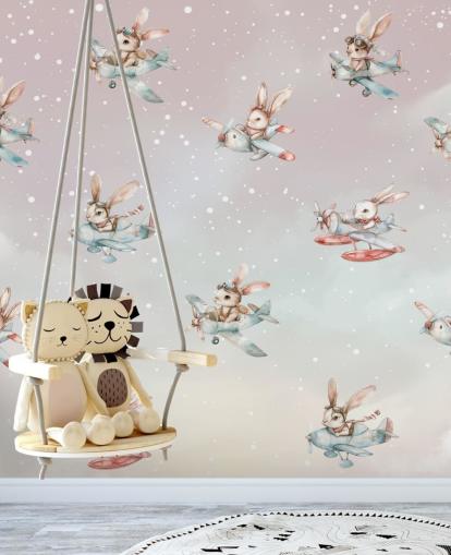 murale con coniglietto per bambini rosa e grigio personalizzabile chiamato Bunny Aviators di Elena Pavlova per asili nido