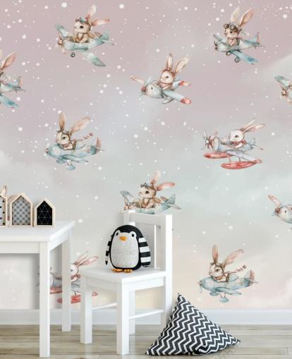 mural de coelhinho infantil personalizável rosa e cinza chamado Bunny Aviators de Elena Pavlova para creches mural de coelhinho infantil personalizável rosa e cinza chamado Bunny Aviators de Elena Pavlova para creches