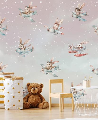 mural de coelhinho infantil personalizável rosa e cinza chamado Bunny Aviators de Elena Pavlova para creches