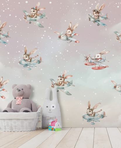 mural de coelhinho infantil personalizável rosa e cinza chamado Bunny Aviators de Elena Pavlova para creches