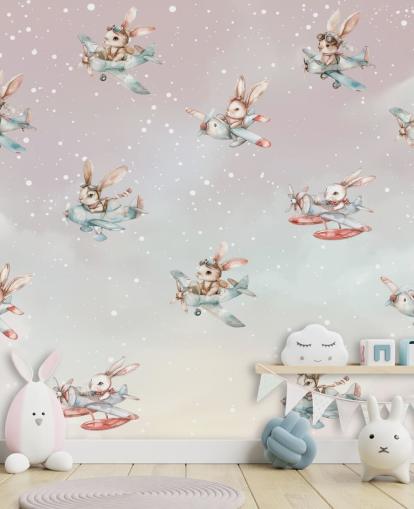 mural de conejo infantil personalizable rosa y gris llamado Bunny Aviators de Elena Pavlova para guarderías