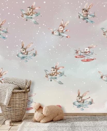 roze en grijze aanpasbare konijnenmuurschildering voor kinderen genaamd Bunny Aviators van Elena Pavlova voor kinderdagverblijven roze en grijze aanpasbare konijnenmuurschildering voor kinderen genaamd Bunny Aviators van Elena Pavlova voor kinderdagverblijven