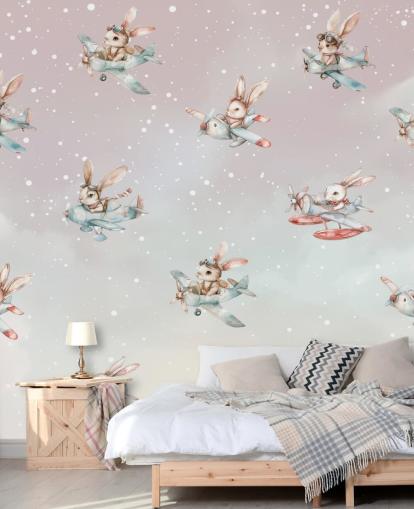 peinture murale de lapin pour enfants personnalisable rose et gris appelée Bunny Aviators par Elena Pavlova pour les crèches