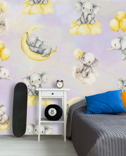 murale con elefante per bambini personalizzabile viola e giallo chiamato Celestial Cradles di Elena Pavlova per asili nido