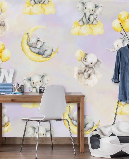 peinture murale d'éléphants pour enfants personnalisable violette et jaune appelée Celestial Cradles par Elena Pavlova pour les crèches