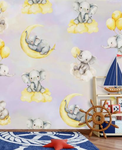 murale con elefante per bambini personalizzabile viola e giallo chiamato Celestial Cradles di Elena Pavlova per asili nido