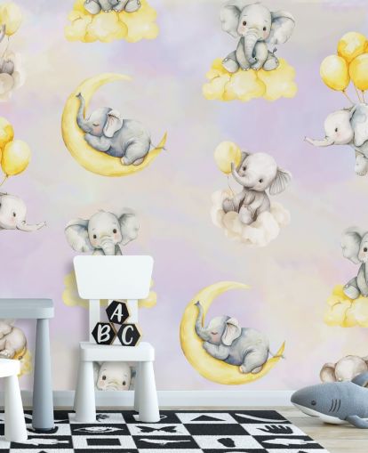 mural de elefantes infantiles personalizable en morado y amarillo llamado Celestial Cradles de Elena Pavlova para guarderías mural de elefantes infantiles personalizable en morado y amarillo llamado Celestial Cradles de Elena Pavlova para guarderías