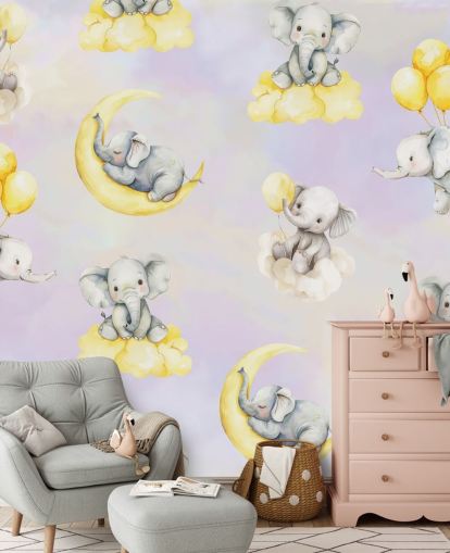 lilla og gult tilpassbart elefantveggmaleri for barn kalt Celestial Cradles av Elena Pavlova for barnehager