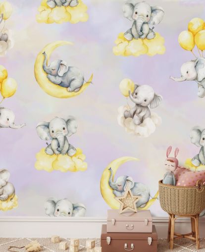 mural de elefantes infantiles personalizable en morado y amarillo llamado Celestial Cradles de Elena Pavlova para guarderías