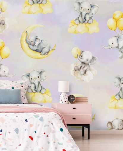 lilla og gult tilpassbart elefantveggmaleri for barn kalt Celestial Cradles av Elena Pavlova for barnehager