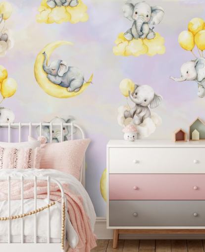 murale con elefante per bambini personalizzabile viola e giallo chiamato Celestial Cradles di Elena Pavlova per asili nido