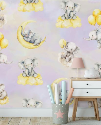peinture murale d'éléphants pour enfants personnalisable violette et jaune appelée Celestial Cradles par Elena Pavlova pour les crèches
