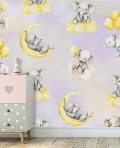 mural de elefantes infantiles personalizable en morado y amarillo llamado Celestial Cradles de Elena Pavlova para guarderías