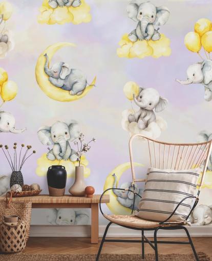 murale con elefante per bambini personalizzabile viola e giallo chiamato Celestial Cradles di Elena Pavlova per asili nido
