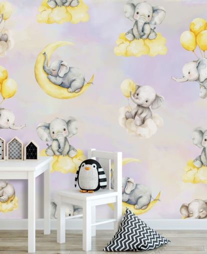 peinture murale d'éléphants pour enfants personnalisable violette et jaune appelée Celestial Cradles par Elena Pavlova pour les crèches