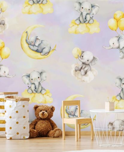purple and yellow customisable kids elephant mural called Celestial Cradles by Elena Pavlova for nurseries purple and yellow customisable kids elephant mural called Celestial Cradles by Elena Pavlova for nurseries
