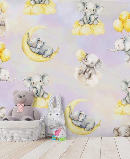 lilla og gul tilpasselig elefantvægmaleri til børn kaldet Celestial Cradles af Elena Pavlova til planteskoler