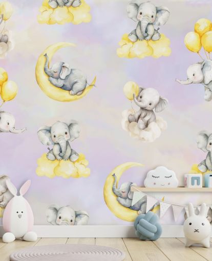 mural de elefantes infantiles personalizable en morado y amarillo llamado Celestial Cradles de Elena Pavlova para guarderías mural de elefantes infantiles personalizable en morado y amarillo llamado Celestial Cradles de Elena Pavlova para guarderías