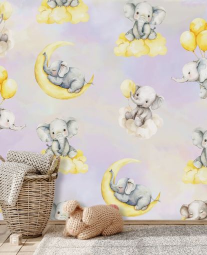 mural de elefantes infantiles personalizable en morado y amarillo llamado Celestial Cradles de Elena Pavlova para guarderías