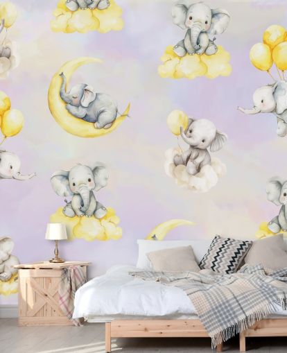 lilla og gul tilpasselig elefantvægmaleri til børn kaldet Celestial Cradles af Elena Pavlova til planteskoler lilla og gul tilpasselig elefantvægmaleri til børn kaldet Celestial Cradles af Elena Pavlova til planteskoler